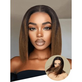 Nadula Ombre Brown Yaki Straight Bob Wig Human Hair - Glueless Pre Cut 7x5 HD Bye Bye Knots Lace Front Wigs Pre Plucked with Chestnut Highlights -Pre Everything Ready to Go Short Yaki Bob Wig 14inch