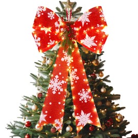 LED Red Christmas Bow Decoration with Timer 16'' x 24'', Christmas Bows for Wreaths with Snowflakes and Pine Cones - Perfect for Wreaths, Doors, Walls, Winter Parties & Festive Décor