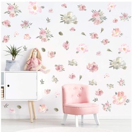 TOARTi Watercolor Pink Flowers Wall Decals, Blooming Peony Floral Flowers Decal Sticker for Girls Bedroom Wedding Party Decoration (56pcs Colorful Flowers)