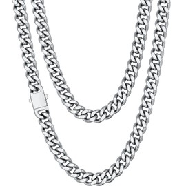 Fiusem Silver Tone Chain Necklace for Men, 7.5mm Silver Colored Stainless Steel Cuban Link Chain Necklace, Men's Chains 26 Inch
