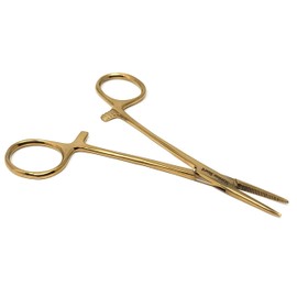 Mosquito Hemostat Locking Forceps 5" Straight with Full Serrated Jaws Ideal for Clamping, Fishing, Firefighters Nurses Doctors + More (Full Gold)