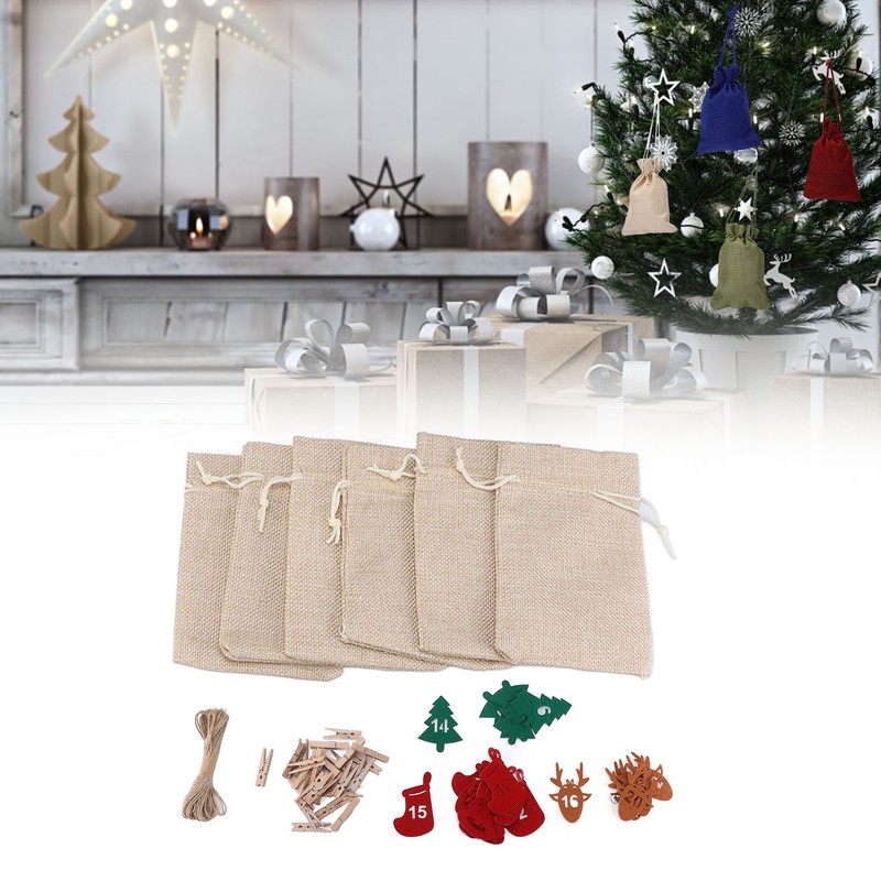24Pcs Christmas Advent Calendar Drawstring Bags Reusable Hanging Countdown Pouch
