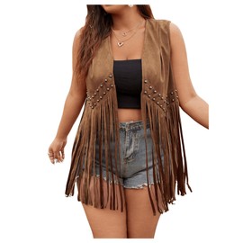 OYOANGLE Women's Plus Size Suede Fringe Vest Sleeveless Rivets Boho Tassel Hippie Jacket Outerwear Brown XX-Large Plus