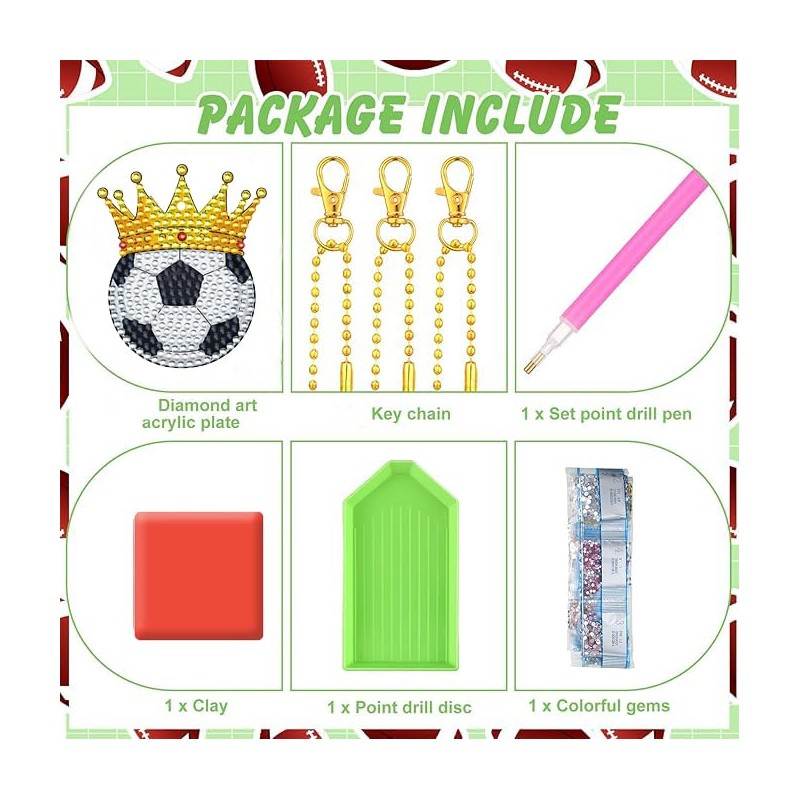 12 Pcs Soccer Diamond Art Keychains Kit for Decor and