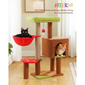 MUTTROS Mushroom Cat Tree with Sisal Scratching Posts, 35.4" Cute Cat Tower Cat Condo w/Large Green Top Perch, Soft Red Hammock, and Mushroom Dangling Ball, for Small-Medium Cats, Brown