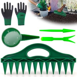 WZYTEU Set of 4 Dibber Sticks, Sewing Aid with 12 Holes, PP Planting Aid for Horticultural Sowing with Garden Gloves (30 × 13 cm, Green)