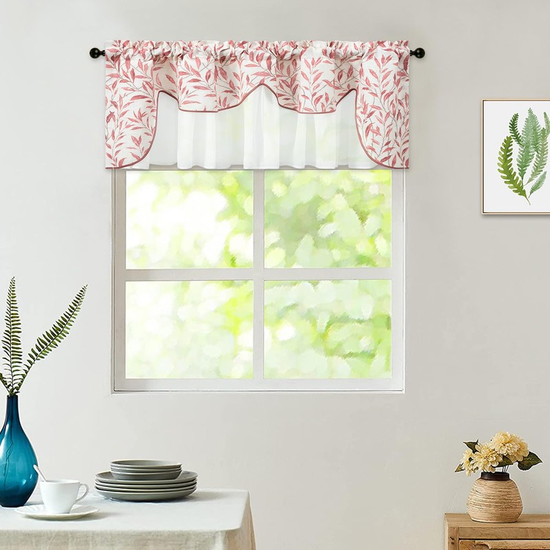 VOGOL Linen Textured Kitchen Valance, Double Layers View Reducing Scalloped