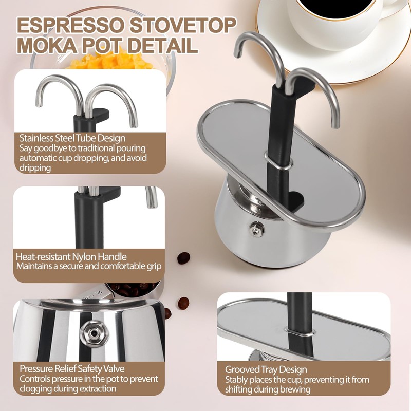Uncoated 2 Cup Dual Pipe Moka Pot 304 Thickened Stainless