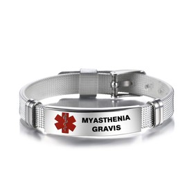 LSxAB Women Mens Red Medical Alert Myasthenia Gravis Identification Bracelet Seniors Health Alarm Laser Engraved Adjustable PVC Band Wristband Bracelets