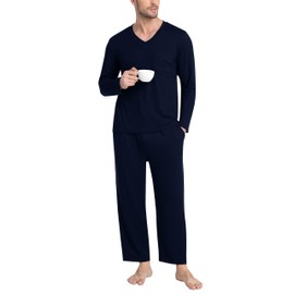 MoFiz Men's Pajama Sets Long Sleeve Lounge Sets 2 Piece PJs Sets Soft Sleep Sets Lightweight Sleepwear Nightwear Sets Navy Blue with Pockets L