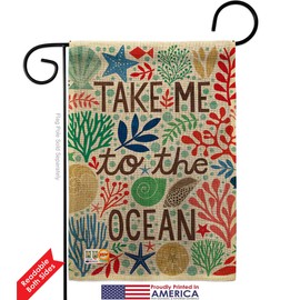 Breeze Decor GS107066-DB-03 Take Me to The Ocean Burlap Coastal Nautical Impressions Decorative Vertical 13" x 18.5" Double Sided Garden Flag Set Metal Fansy Wall Bracket Hardware