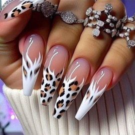 Leopard French Tip Press on Nails Long Fake Nails with White Fur Designs Coffin False Nails Glossy Nude Acrylic Nail Press ons Cheetah Print Nails Full Cover Stick on Nails for Women 24Pcs