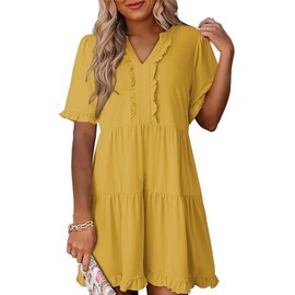 Dokotoo Womens Spring Summer Dresses for Women 2025 Short Sleeve V Neck Empire Waist Casual Flowy Swing Shift Dresses A Line Babydoll Mini Dress for Wedding or Graduation Yellow Dress XL