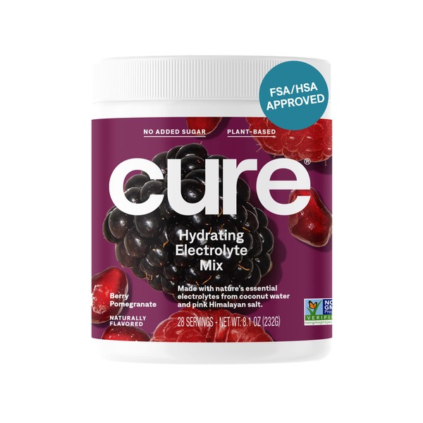 Cure Hydrating Electrolyte Mix | Electrolyte Powder for Dehydration Relief | Made with Coconut Water | No Added Sugar | Vegan | Paleo Friendly | Bulk Jar - 28 Servings - Berry Pomegranate Flavor