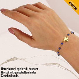 Tilove Natural Stone Lapis Lazuli Healing Stone for Women with Clover Lucky Charm Stainless Steel Designed in France Chakra Bracelet Wellbeing Gift Idea for Women 16 cm + 5 cm, Stainless steel lapis