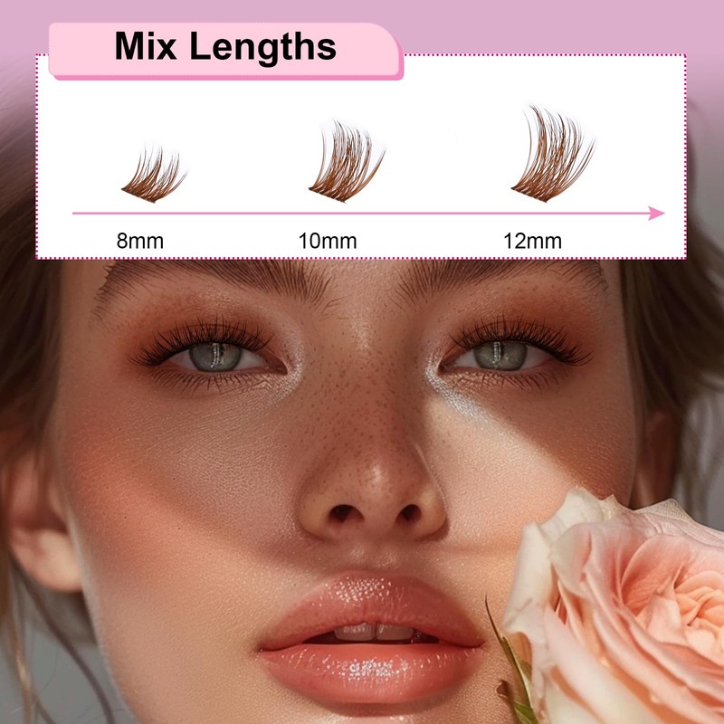 EMEDA Light Brown Individual Cluster Lashes D Curl Mix 8mm