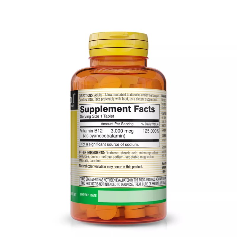 Mason Natural Vitamin B12 3000 mcg Quick Dissolve, Raspberry Flavor,