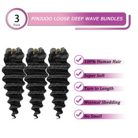 PINJUOO Loose Deep Wave Bundles Human Hair 26 28 30 inch 3 Bundles Loose Wave Bundles Deep Wave Bundles Loose Wave Brazilian Hair Bundles Natural Black Wave Hair