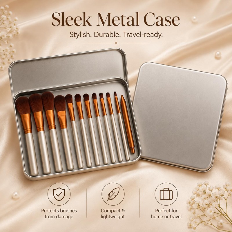 Glamza 12-Piece Make-up Brushes Set with Metal Case, Gold and