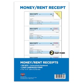 COSCO Money and Rent Receipt Book, 2-Part, Carbonless, White/Canary, Bound Wraparound Cover, 200 Sets per Book, 4 Receipts per Page (074037)