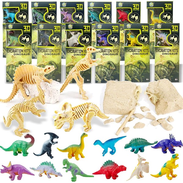 12 Pack: Dinosaur Excavation Kits for Kids, Dino Dig Kits, 3D Dig a Dinosaur Fossil and Figure Sets, Bulk Science Education Toys for Paleontology Archaeology STEM Learning Kids Activity Party Favors