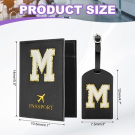 PATIKIL Passport Holder for Travel, Initial Passport Cover and Luggage Tag Set with Alphabet Chenille Letter Patch Travel Wallet Bag Suitcase Identifier for Women Family Travel Black M