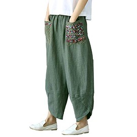 Hwayslon Women's Baggy Linen Wide Leg Trousers Casual Patchwork Elastic Waist Harem Pants Harlan Pants M -XXL (Army Green, XXL)