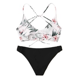 SweatyRocks - Traje de baño sexy para mujer, estampado floral, espalda cruzada, traje de baño, Negro-3, Large