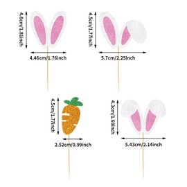 24 Pack Easter Bunny Cupcake Toppers, Glitter Rabbit Ears Cupcake Topper, Ear Cupcake Topper for Easter Theme Birthday Baby Shower Rabbit Party Supplies