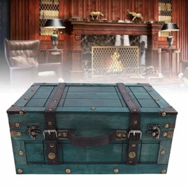 Kelawoly Vintage Storage Trunk, Retro Wooden Suitcase for Home Decor with PU Leather Handle, Decorative Straps and Vintage Hardware, Photography Prop, Jewelry Organizer, 13.6 X 9.4 X (Retro Green