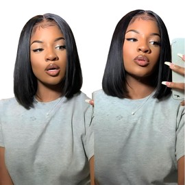SIYUSI Bob Wig Human Hair 13x4 HD Lace Front Glueless BOB Wigs for Black Women Human Hair Short Straight Bob Wigs Pre Plucked Pre Cut 180% Density Natural Color (black, 14inch)
