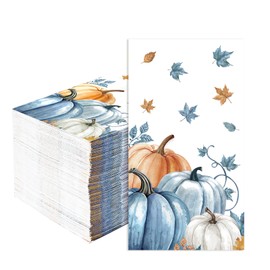100 Pcs Fall Paper Napkins 3 Ply Watercolor Blue Orange Pumpkins Disposable Absorbent Hand Towels Autumn Decorative Guest Napkins for Thanksgiving Harvest Lunch Dinner Bathroom Supplies Decorations