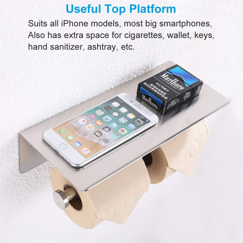 Double Toilet Paper Holder with Shelf Brushed Nickel, APLusee SUS