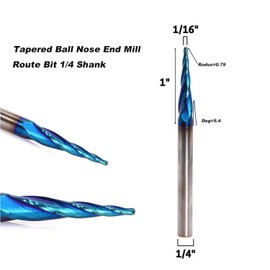 SICWOOD Tapered Ball Nose End Mill, Carbide Spiral CNC Router Bit 1/4 Shank, 1/16" Dia, 1" Length, 0.79 Radius, 5.4° Taper Angle, for 3D Carving/Engraving, Mold Making, Precision Woodworking
