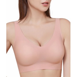 PRETTYWELL Wireless Bras for Women No Underwire Comfort Seamless Smoothing Bra Lift V Neck Padded Full Coverage Everyday Bra Pink