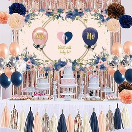 MTL Gender Reveal Decorations 58pcs, Gender Reveal Party Supplies Decoration Set, Navy Pink Rose Gold Gender Reveal Balloons Reveal Backdrop Sign Baby Shower decorations Party Supplies Boy or Girl