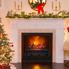 COSTWAY Eternal Flame Electric Fireplace Log, Wood Ember Bed, 26-inch Infrared Electric Fireplace Heater Insert with Remote and Thermostat Control, 8H Timer, 5 Flame Modes & Brightness, 1500W