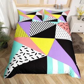 Manfei Memphis Duvet Cover Set Queen Size, Geometric Triangle Pattern Comforter Cover with 2 Pillowcases, Retro 80s 90s Fashion Style Bedding Set 3pcs for Kids Boys Girls Lightweight Bedspread Cover