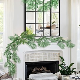 RECUTMS Artificial Palm Leaves Vine 6FT Fake Tropical Greenery Garland Faux Hanging Ivy Vines Wreaths Indoor Outdoor Home Wedding Jungle Hawaiian Luau Party DIY Fireplace Mantle Table Decoration