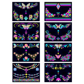 Neon Face Temporary Tattoo,8 Sheet Glow in the Dark Neon Face Tattoo Flash UV Fake Butterflies Waterproof Tattoos Stickers for Music Festival Makeup Rave Accessories