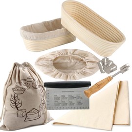 2pcs Bread Proofing Basket Set Sourdough Bannetons with Linen Cloth Liner Dough Scraper Proofing Cloth Linen Storage Bag (10inch Oval Set)