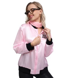 Leadtex Vintage 1950S Pink Lady Grease Costume Jacket with Polka Dot Neck Scarfs and Pink Cat Eye Glasses for Women Girls Ladies (XL).