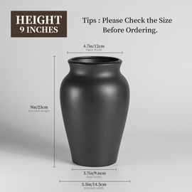 CLYANCE Ceramic Black Vase Home Decor, 9 Inch Wide Mouth Pottery Vase, Vintage Farmhouse Vase Boho Neutral Decor, Terracotta Rustic Vase for Living Room, Entryway, Floor, Mantel Decoration