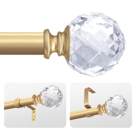 Exquisite Gold 46-148Inch Adjustable 1in Steel Curtain Rod with Acrylic Finials. Crystals ball Transparent diamond, Easy to Install, Suitable for Bedroom and Living Room kitchen and hotel