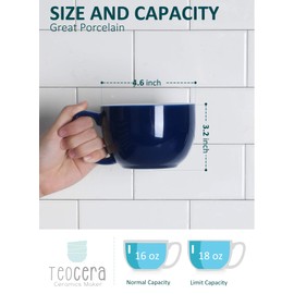 Navy Porcelain Jumbo Coffee Mugs Set of 4-16 Ounce Cups with Handle for Hot or Cold Drinks like Cocoa, Milk, Tea or Water - Smooth Ceramic with Modern Design