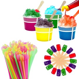 130 Piece Multi-Colored Snow Cone/Shaved Ice Kit - Includes 40 (12oz) Yellow, Pink, Green and Blue Cups, 40 Candy Spoons, and 50 Neon Straws - Perfect for Birthdays, Sporting Events, Festivals