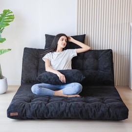 MAXYOYO Bean Bag Bed Tufted Folding Sofa Bed with Pillows Floor Mattress for Adults, Extra Thick and Long Floor Sofa, Single Couch for Bedroom Living Room, Black, 30x91 Inch