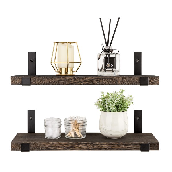 Mkono Rustic Wood Floating Shelves Wall Mounted Shelving Set of 2 Decorative Wall Storage Shelves with Lip Brackets for Bedroom, Living Room, Bathroom, Kitchen, Hallway, Office, 23.6 inches
