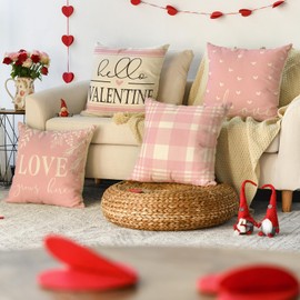 AVOIN colorlife Valentine's Day Pink and White Love Throw Pillow Covers, 18 x 18 Inch Hello Valentine Plaid Wedding Cushion Case Decoration for Sofa Couch Set of 4