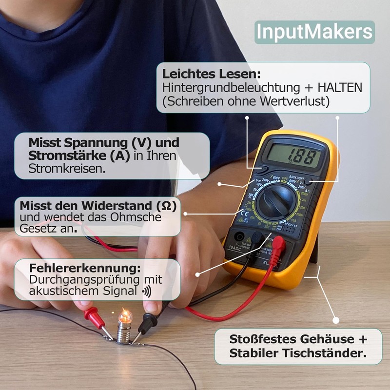 InputMakers Elektrobaukasten für Kinder mit Multimeter Digital, stromkreis bausatz kinder,